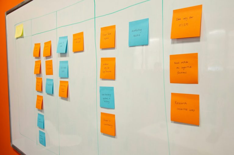 A white board with sticky notes attached to it